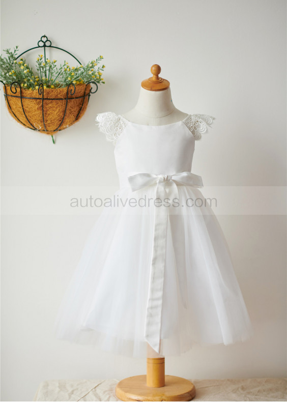 Ivory Satin Tulle Knee Length Flower Girl Dress